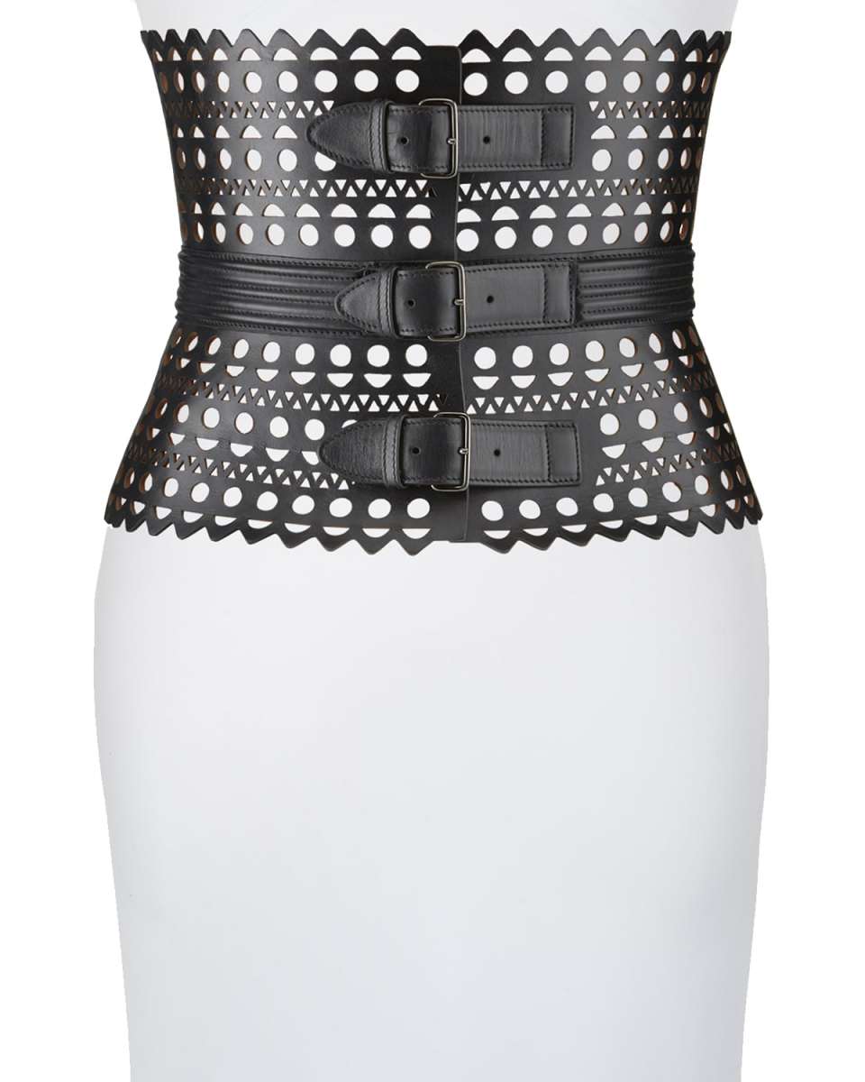 Openwork Wide Triple-Buckle Leather Corset Belt